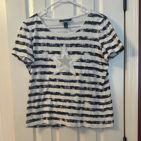 Karen Scott Navy and White Striped Tee with Star - Picture 1 of 4